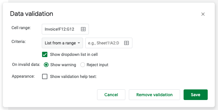 หน้าต่าง Data validation